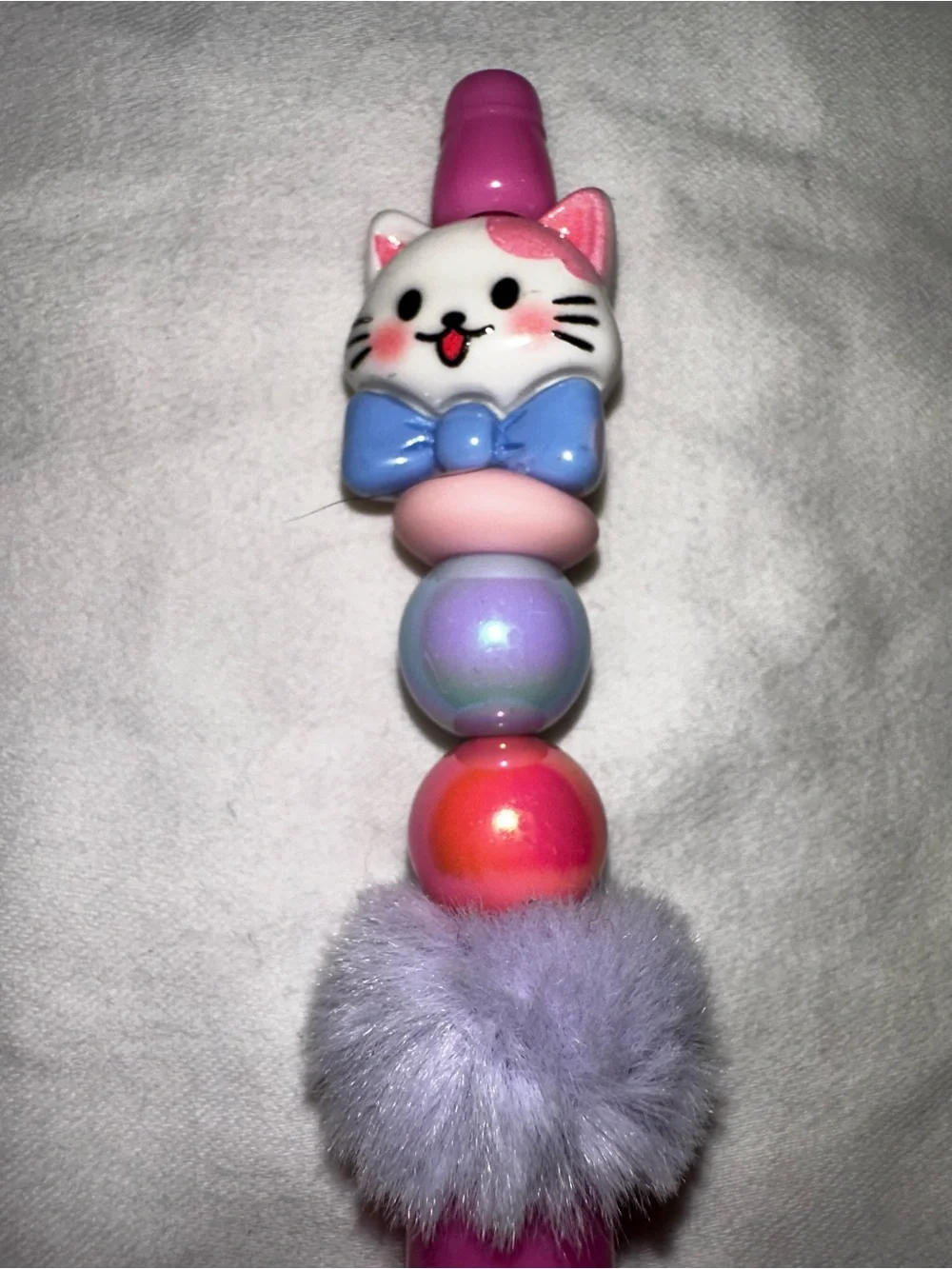 Cute Pink Cat Bead Pen with Pom Accent